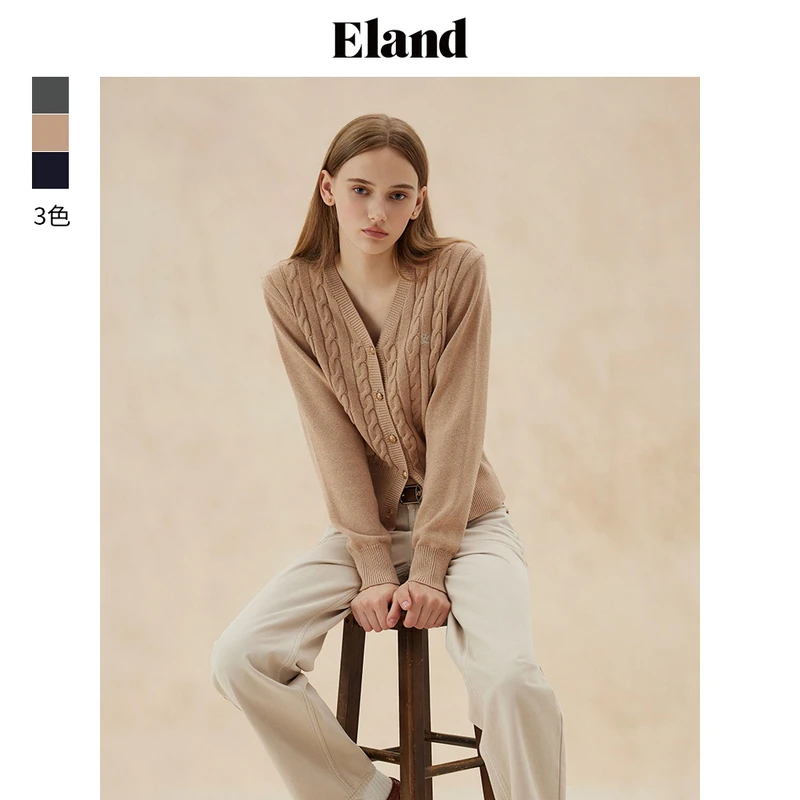 Eland衣恋毛针织衫女经典绞花罗纹收腰棉感舒适长袖EECKE49E01