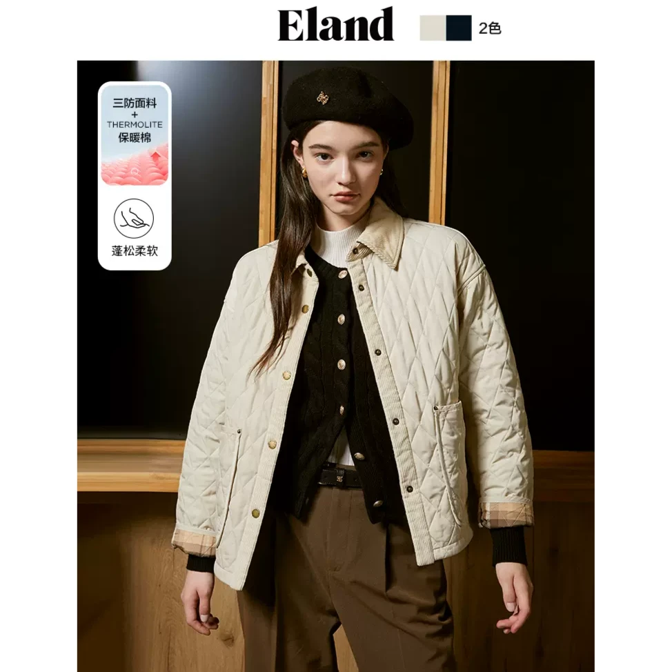 【商场同款新品】Eland衣恋棉服女复古风华夫饼短款外套热力感保暖