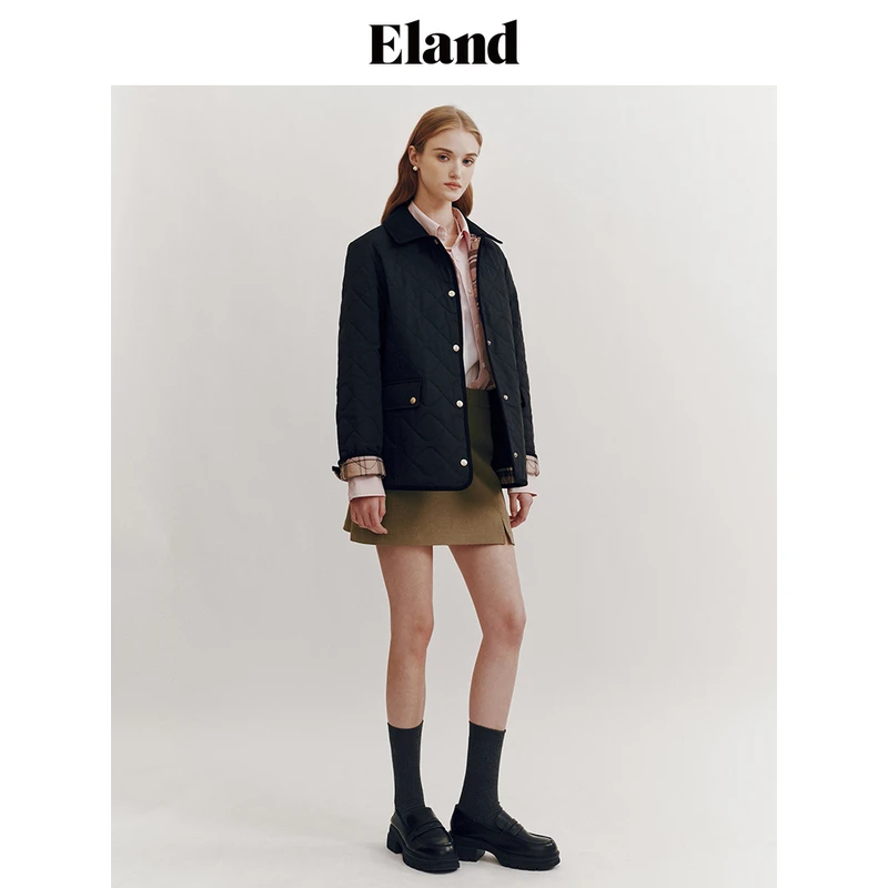 Eland衣恋合身微慵懒风中长款波浪形绗线棉外套2024秋EEJPE11Y01