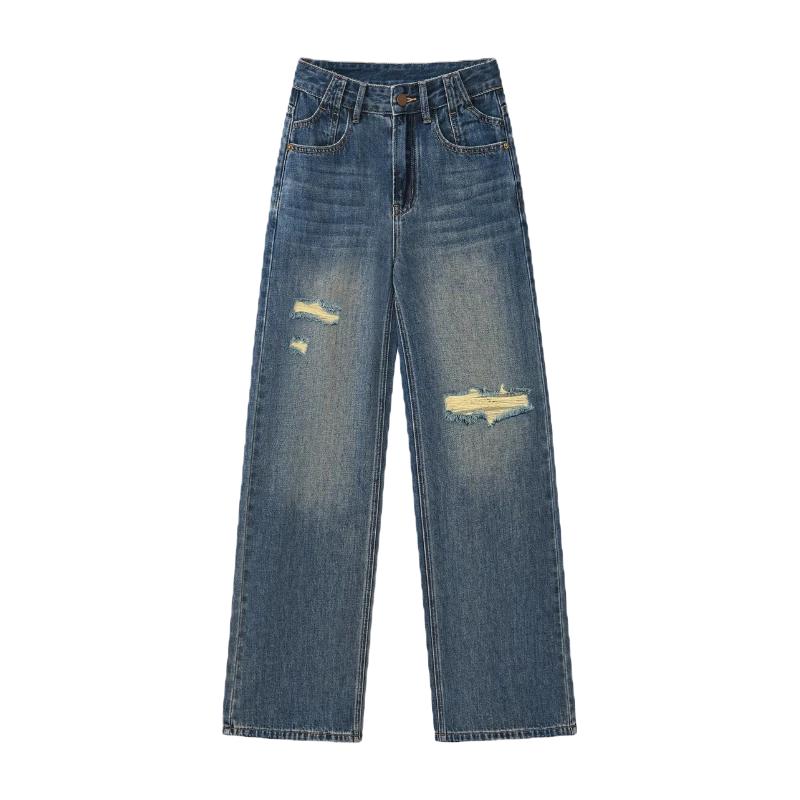 2025春季新款破洞贴布设计复古阔腿牛仔裤6615宽松水洗做旧休闲