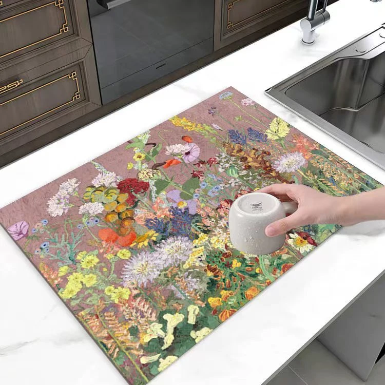 油画花卉软软硅胶地垫家用吸水垫吸水速干防滑垫浴室卫生间门口垫