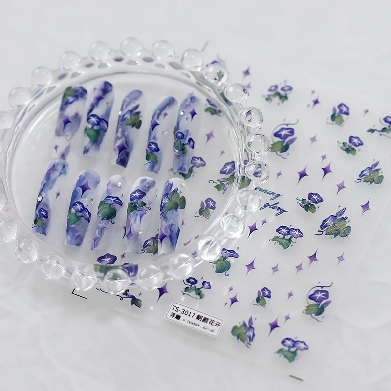 铁素新工艺浮雕薄透美甲贴纸背胶可爱指甲贴饰品TS-3016朝颜花开