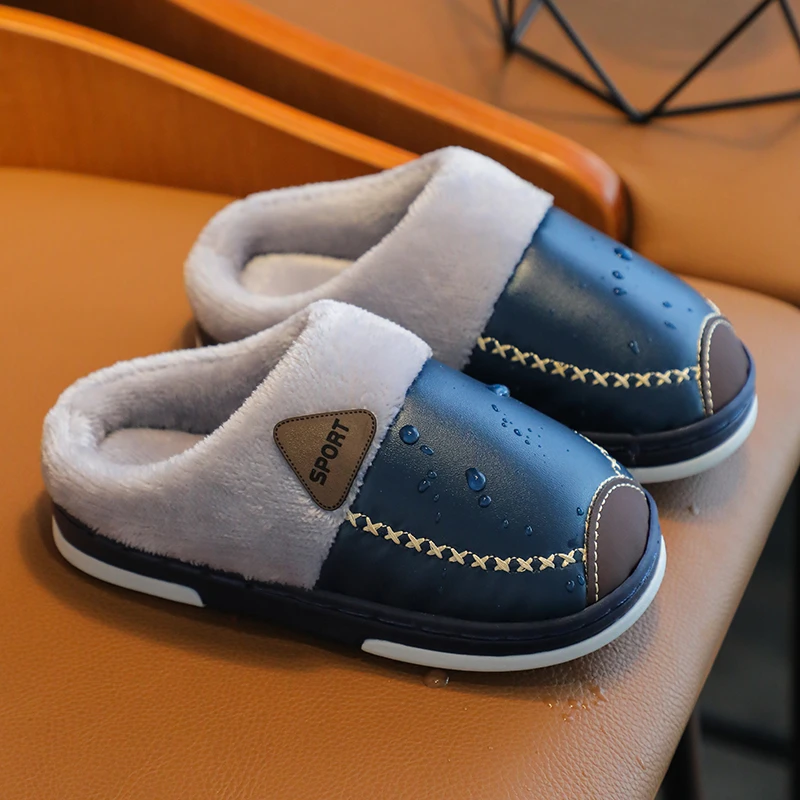 儿童pu防水皮面棉拖鞋冬季男童家居包头女宝宝室内幼儿亲子毛拖鞋