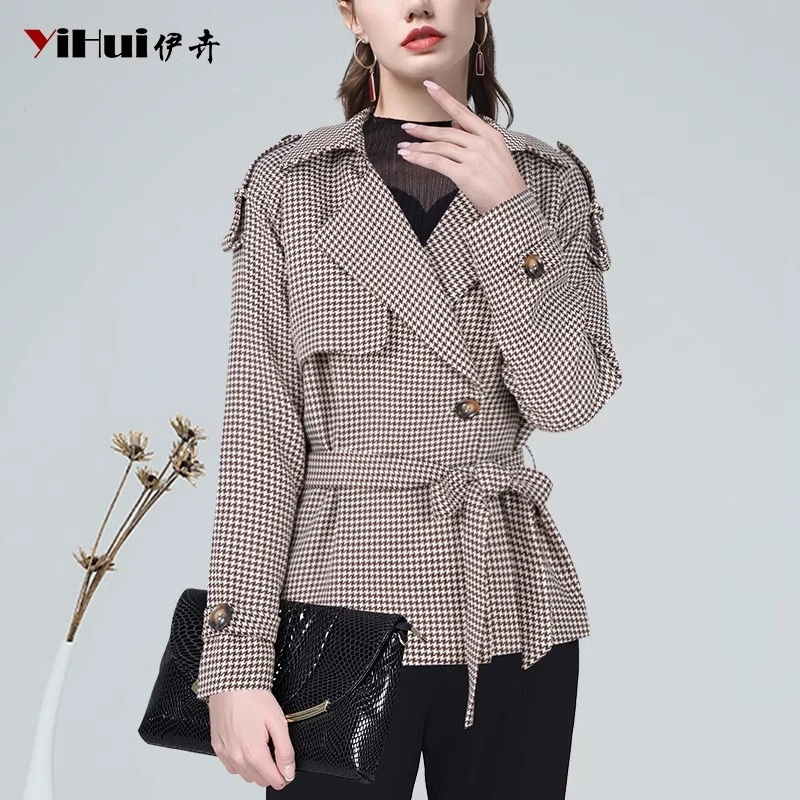 YIHUI伊卉西装领千格鸟短款小外套女秋冬装新款收腰风衣WH231378