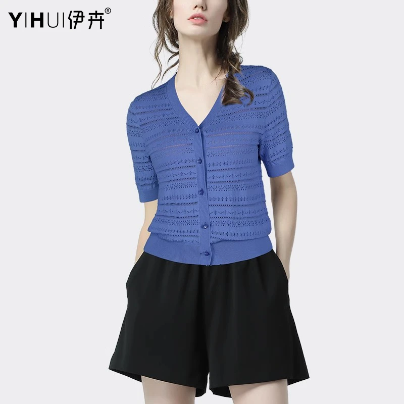 YIHUI伊卉欧洲站2025夏V领蓝色针织衫上衣女短袖显瘦开衫SD242862