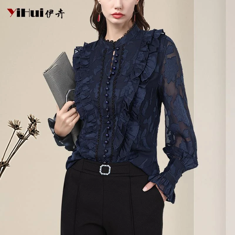 YIHUI伊卉雪纺衫女长袖上衣木耳边剪花衬衫蕾丝花边衬衣SH245072