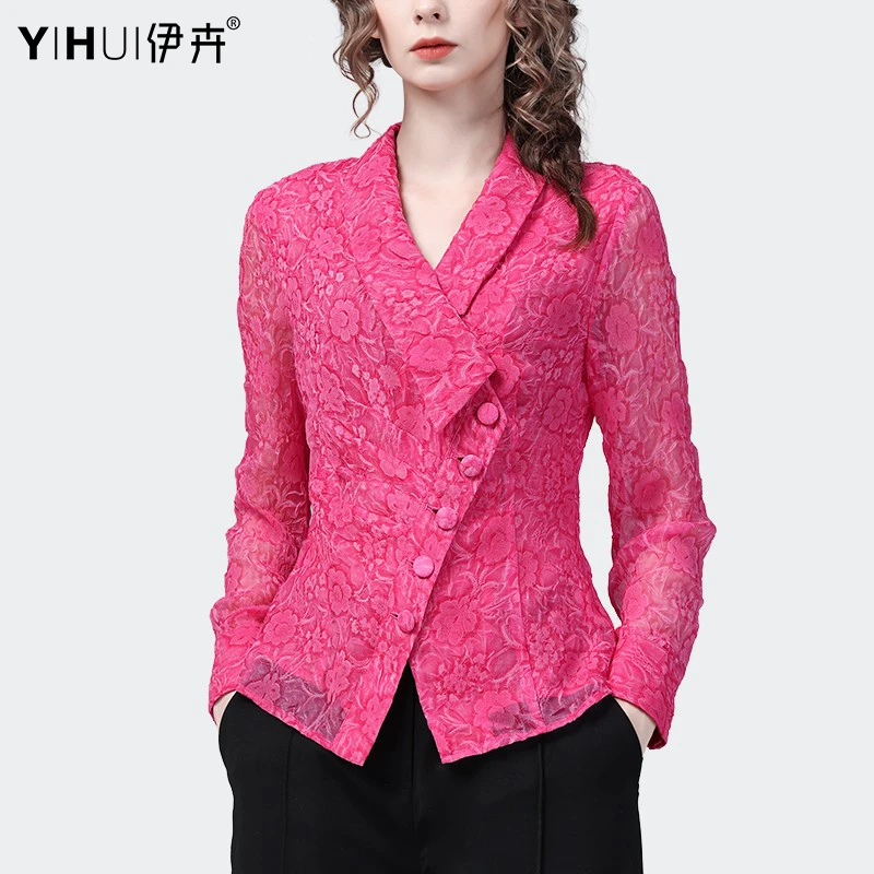 YIHUI伊卉2025春夏玫红色雪纺衫上衣女尤莱特洋气打底衫SA23218