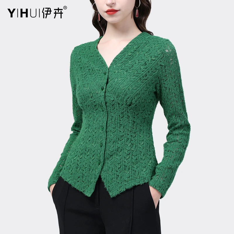 YIHUI 伊卉蕾丝衫女秋冬装打底衫收腰显瘦上衣气质v领SI22181开衫