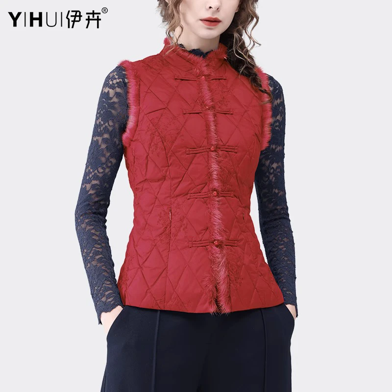 YIHUI伊卉水貂毛国风羽绒服刺绣马甲秋冬背心WG230755