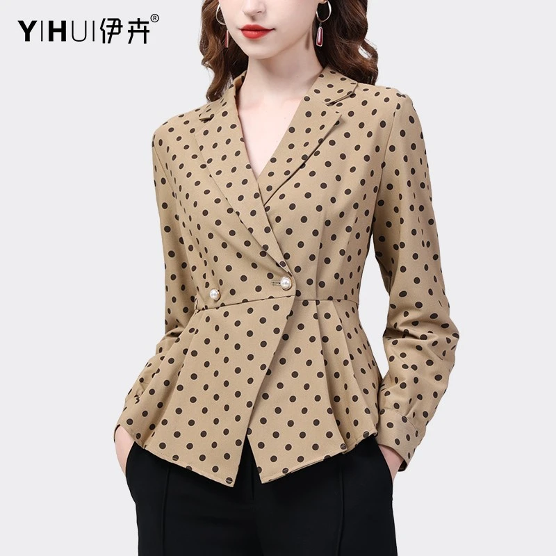 YIHUI伊卉波点时尚早秋装2025新款收腰显瘦上衣西装领衬衣SH20920