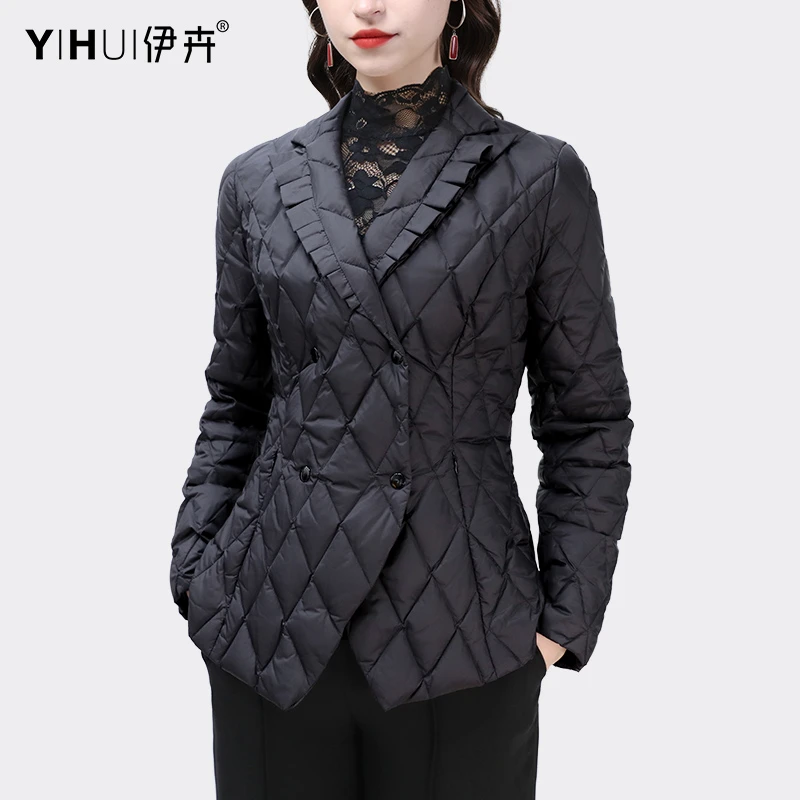 YIHUI伊卉冬装羽绒服女短款轻薄白鸭绒保暖修身黑色新款WJ22381
