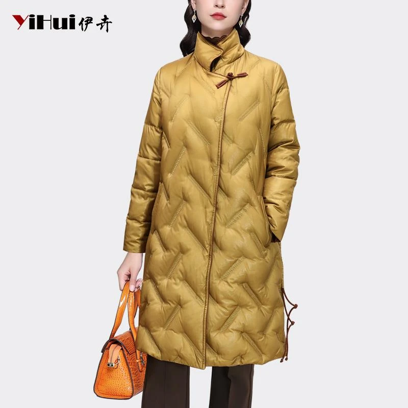 YIHUI伊卉新中式盘扣刺绣加厚羽绒服外套中长款白鸭绒WH231563