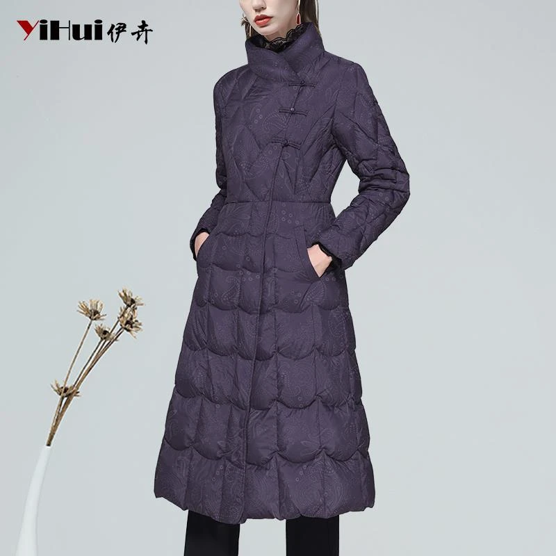YIHUI伊卉羽绒服女中长款外套立领印花白鸭绒北方防寒WI243926