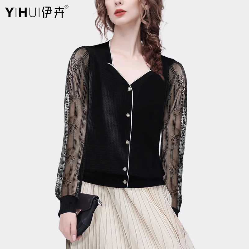 YIHUI伊卉欧洲站2025秋装法式针织衫上衣拼接蕾丝镂空袖SG243585
