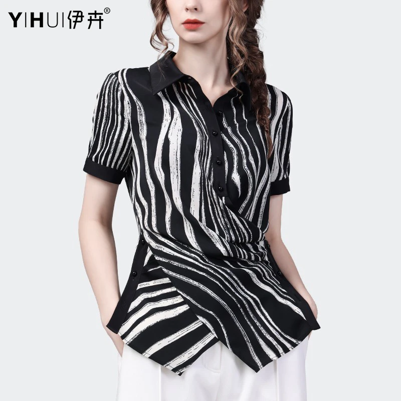 YIHUI 伊卉欧洲站夏短袖衬衫上衣女设计感收腰遮肉打底衫SD23710
