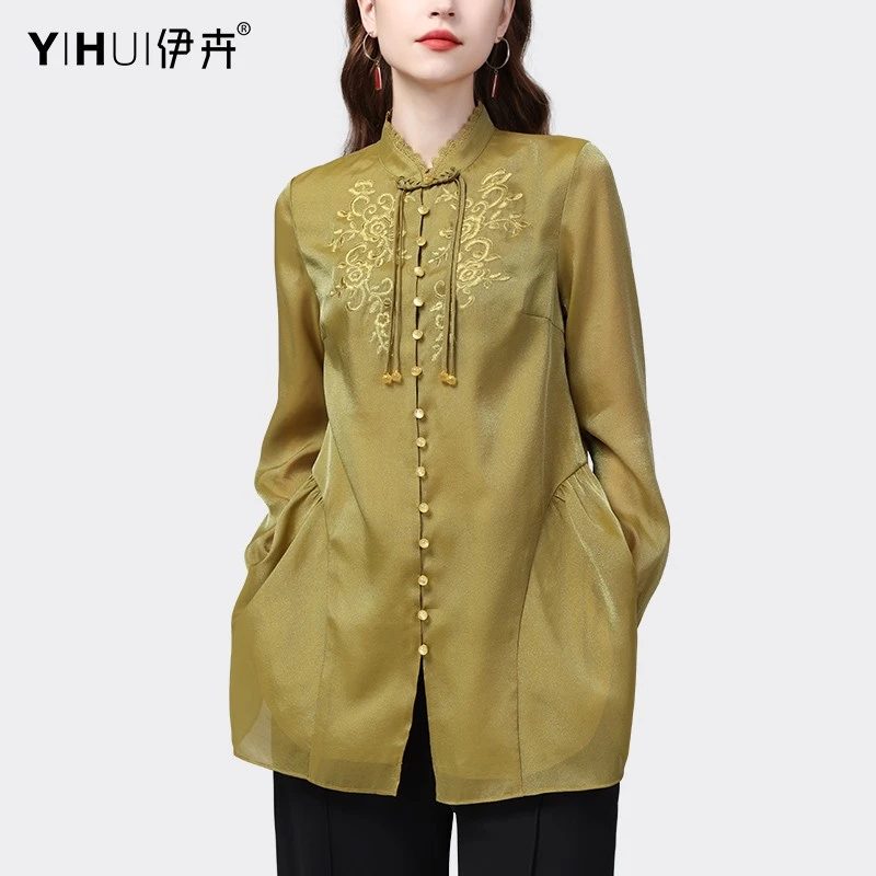 YIHUI伊卉衬衫女长袖上衣中长款绣花中国风宽松衬衣立领SA23975