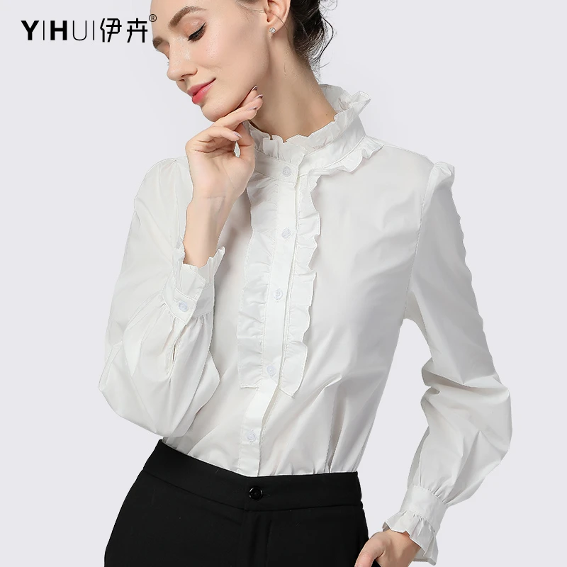YIHUI伊卉秋装新款衬衫荷叶边立领时尚职业气质白色SQ3515/SS5208