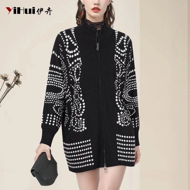 YIHUI伊卉毛衣开衫长袖针织衫中长款波点提花慵懒风毛衫WJ245028