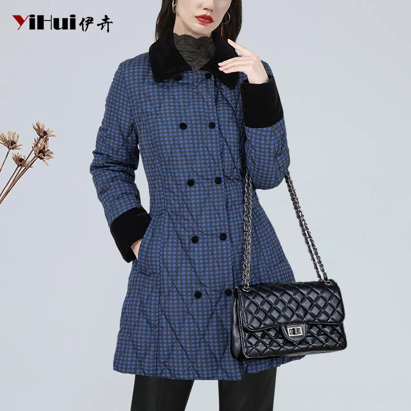 YIHUI伊卉格子羽绒服女双排扣90白鸭绒大衣丝绒领中长WH243728