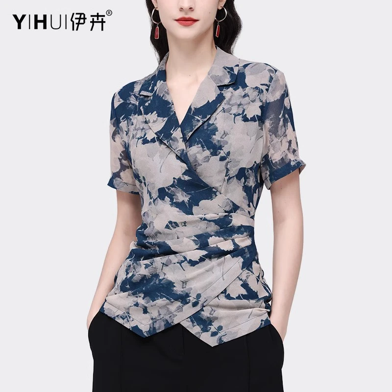 YIHUI伊卉夏印花缎面雪纺衫上衣女西装领短袖显瘦衬衫SE230182