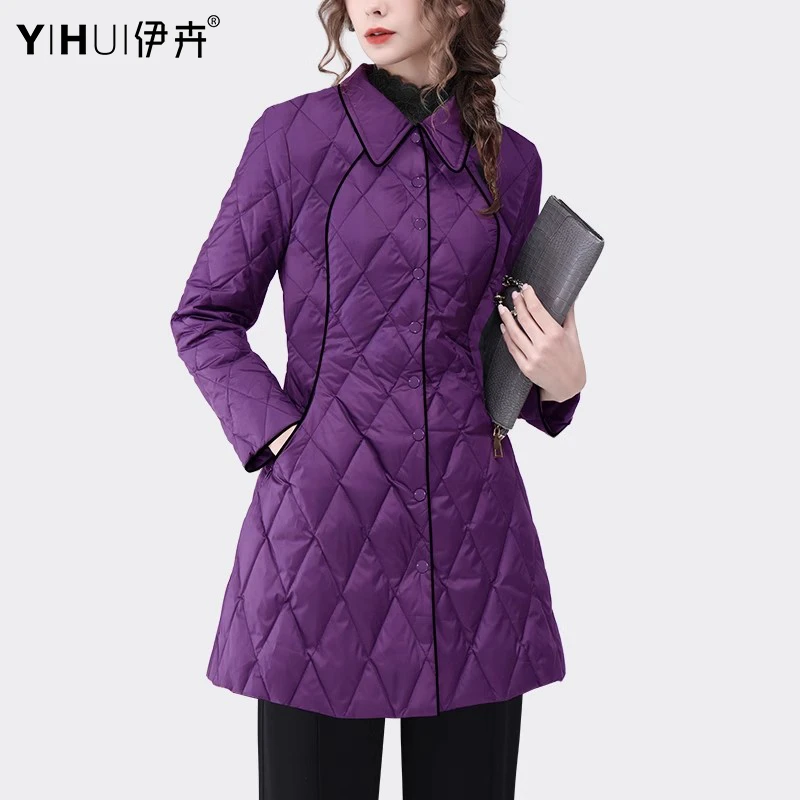 YIHUI伊卉雅丹风秋冬衬衫式轻薄羽绒服外套女中长款收腰WH231898