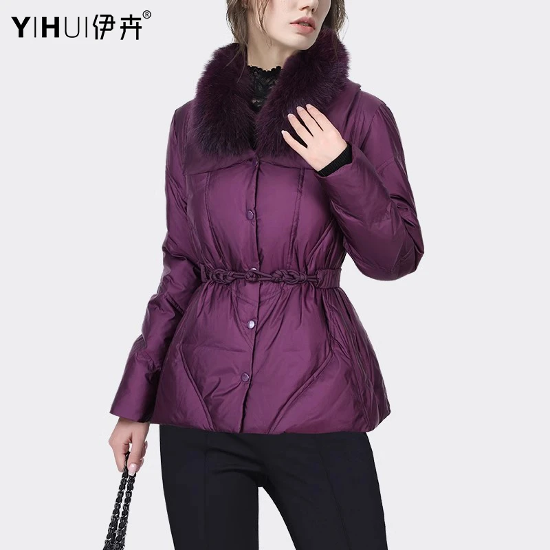 YIHUI伊卉羽绒服女短款外套保暖棉袄复古中式盘扣狐狸毛WH232013