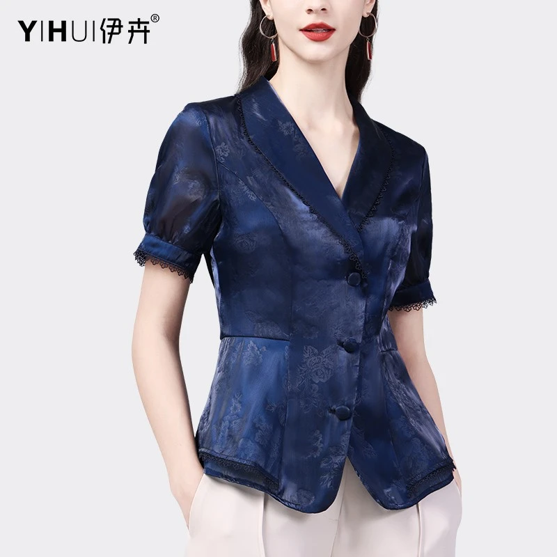 YIHUI伊卉雪纺衫女装短袖上衣西装领欧根纱印花小衫衬衫SD23883