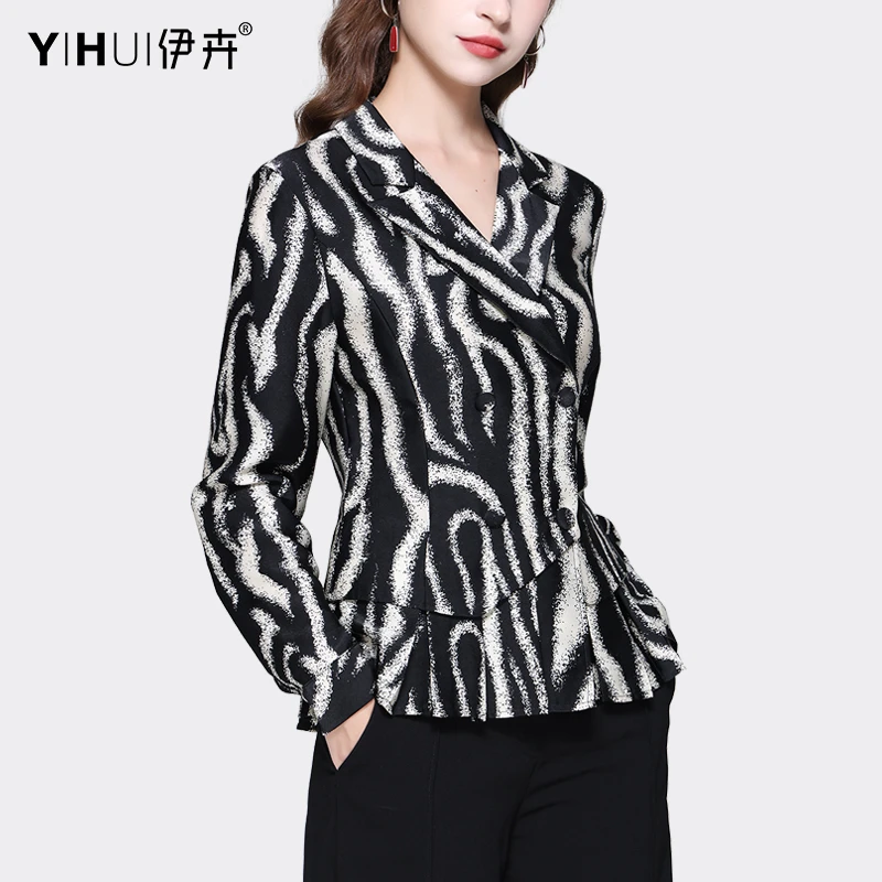 YIHUI伊卉斑马纹缎面衬衫女气质西装领长袖衬衣垂感上衣SG230883