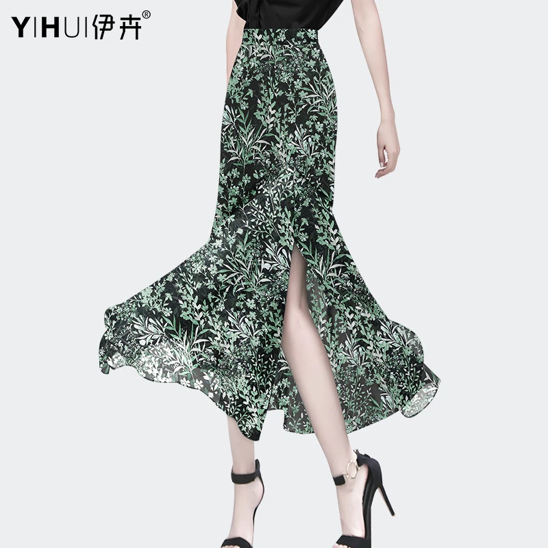 YIHUI伊卉设计感复古气质碎花半身裙女夏季开叉垂感A字雪BE230261