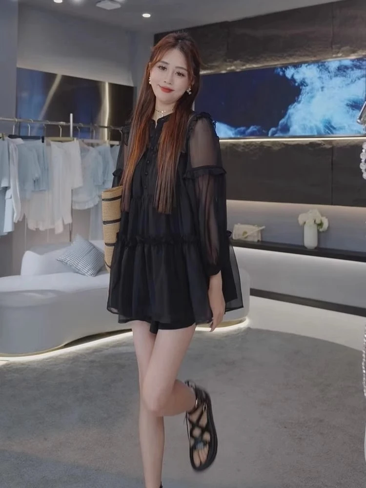 大码夏季新款胖mm韩版轻薄抽褶防晒遮肚子上衣高腰显瘦短裤套装女