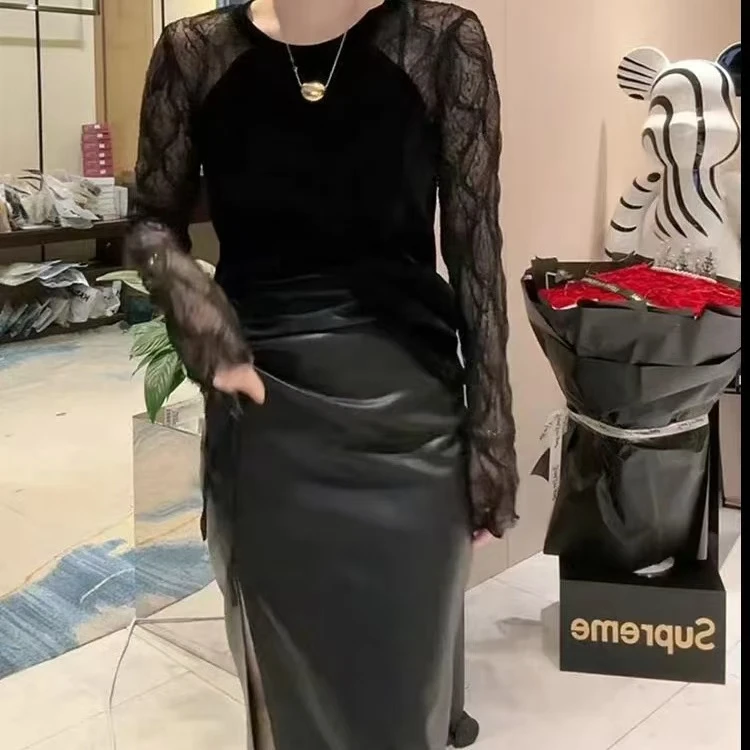 11082百搭洋气透网长袖修身气质网红时尚秋冬女士显瘦丝绒T恤
