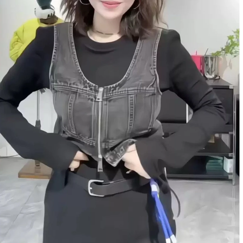 11563百搭洋气不规则假两件拼接气质显瘦时尚马甲长袖减龄T恤