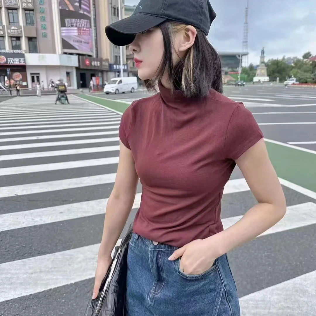 6916百搭洋气半高领净版纯色修身时尚女士休闲显瘦短袖T恤