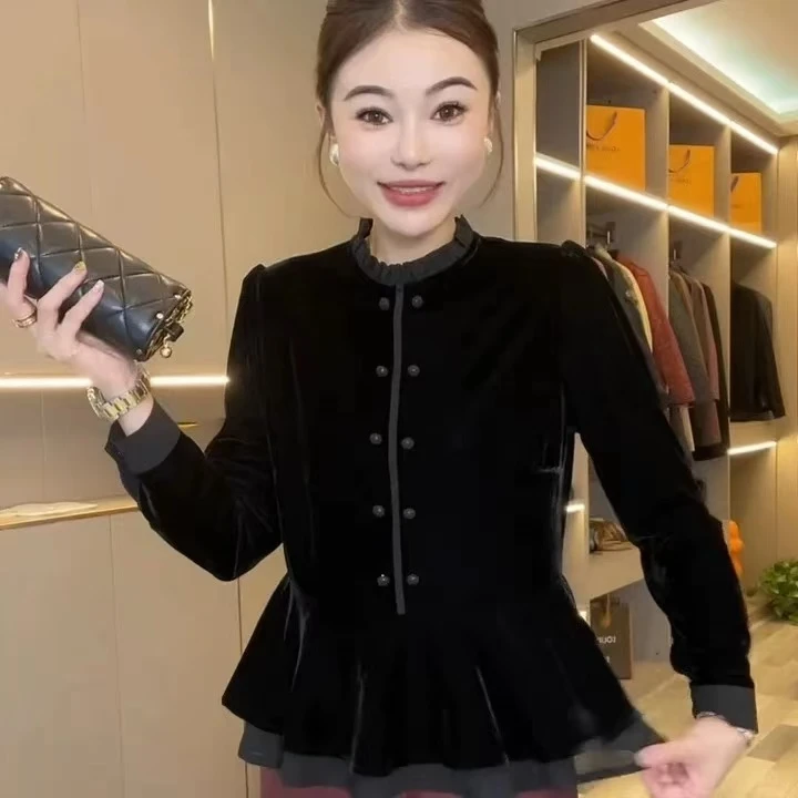 123百搭洋气蕾丝拼接丝绒显瘦新款气质网红时尚后系扣长袖T恤