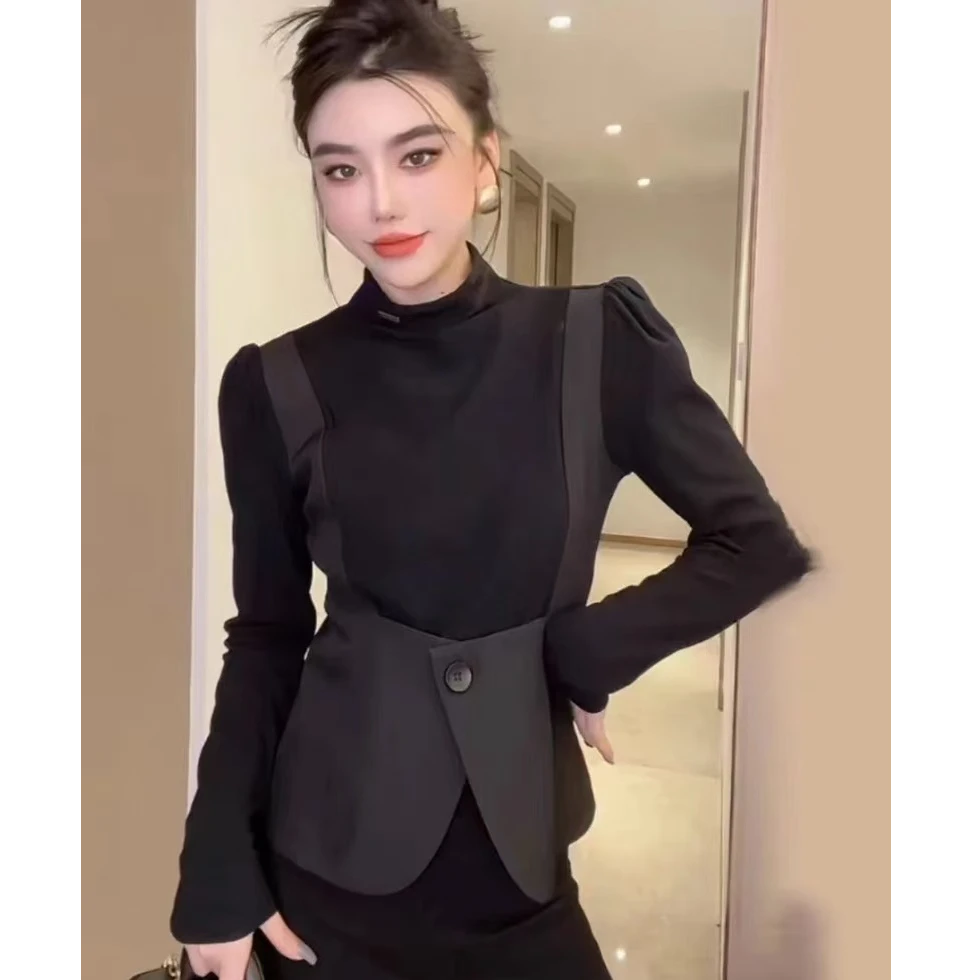 1731半高领拼接假两件长袖T恤(袋子里面有配饰打开小心掉地上哦)