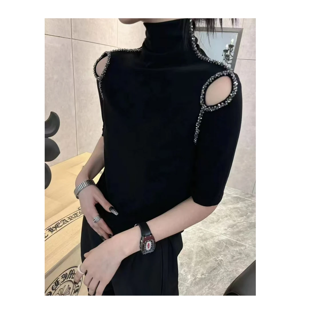 6789露肩百搭气质网红修身半高领纯色秋冬套头分袖重工时尚T恤