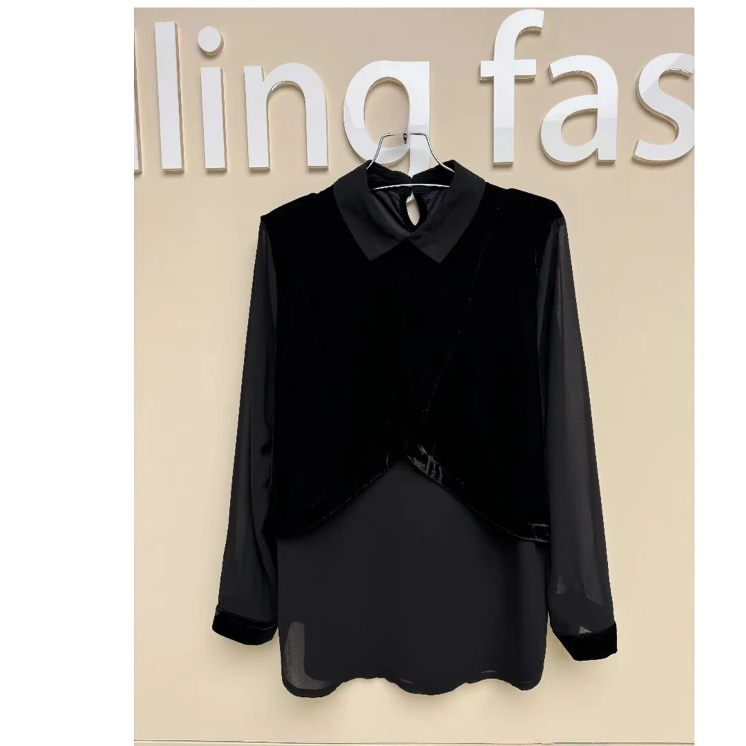 961百搭洋气丝绒拼接显瘦减龄长袖翻领假两件T恤