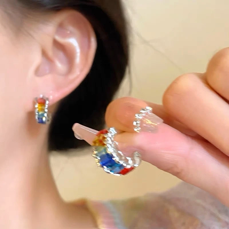 铜合金合成锆石耳饰 D068《甜酷元气》元气满满！彩色锆石耳钉女气质