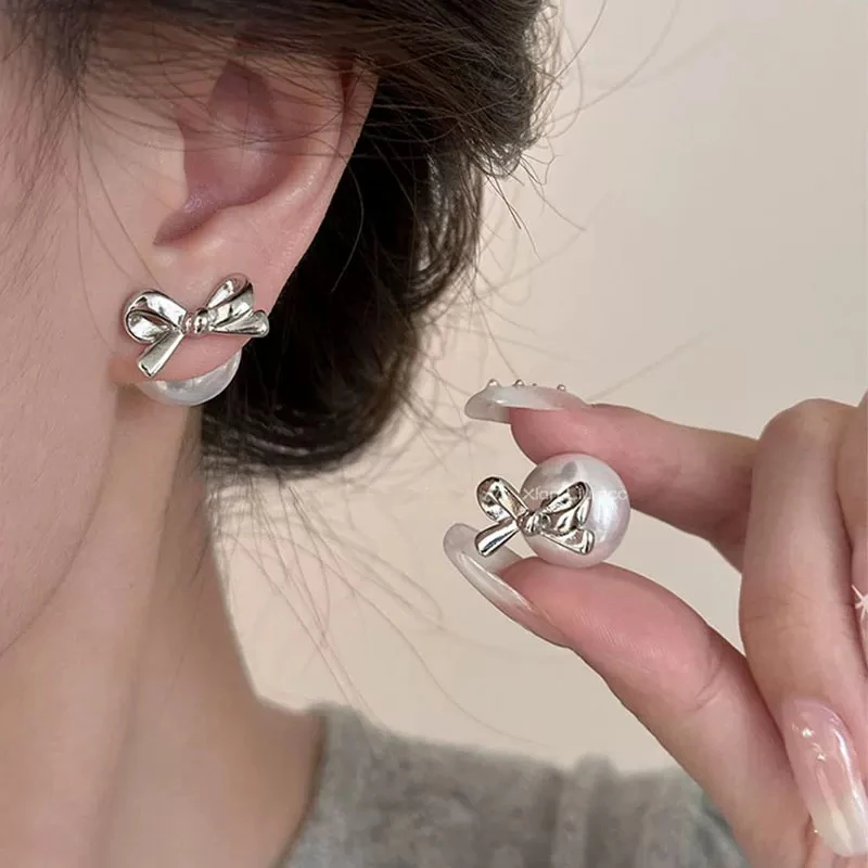 铜合金仿珍珠耳饰 1080蝴蝶结两戴耳饰新款百搭简约少女精致韩系