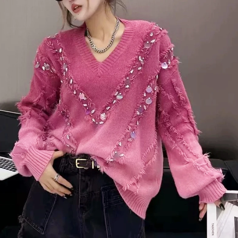 V领重工撞色流苏亮片针织毛衫（衣长54）