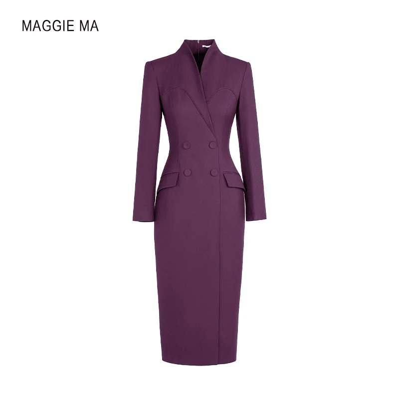 MAGGIE MA马婧气场强大女装轻奢酱紫色连衣裙立领修身气质裙148D