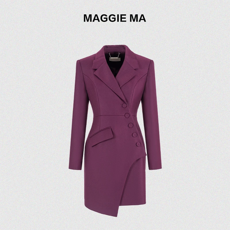 MAGGIE MA马婧气场强大女装轻奢修身西装裙不规则紫色连衣裙744D
