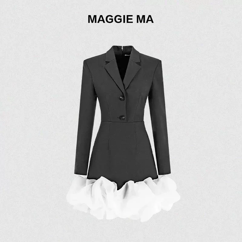 MAGGIE MA马婧黑白拼接花高贵气质新款裙子知性大方连衣裙825D