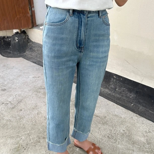 2023新款145小个子蓝色高弹显瘦卷边牛仔裤高腰直筒九分裤女
