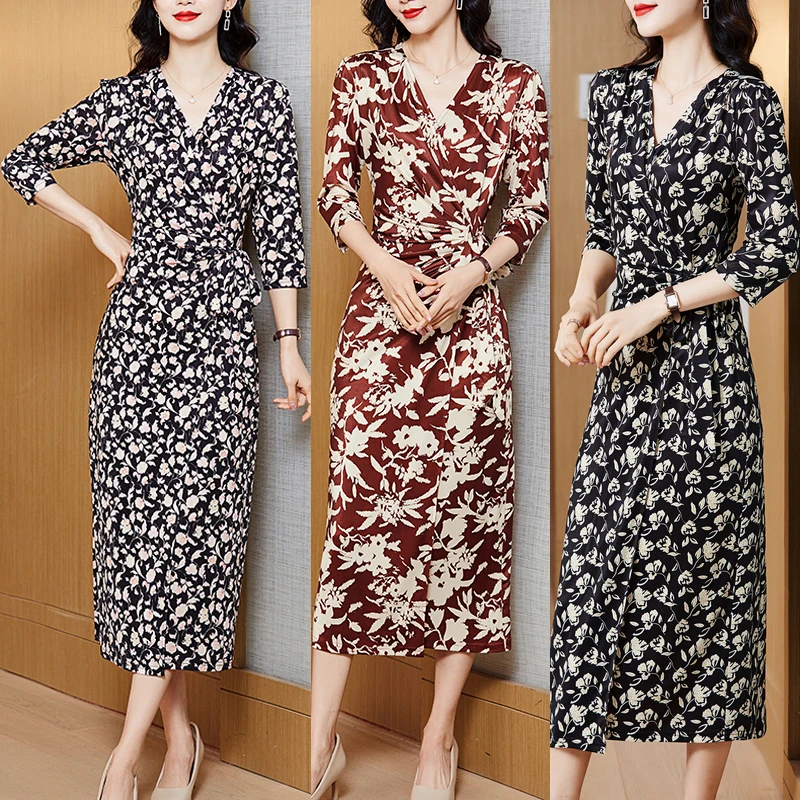 【主播专属定制】名媛优雅时尚气质女装连衣裙修身显瘦碎花中长款裙