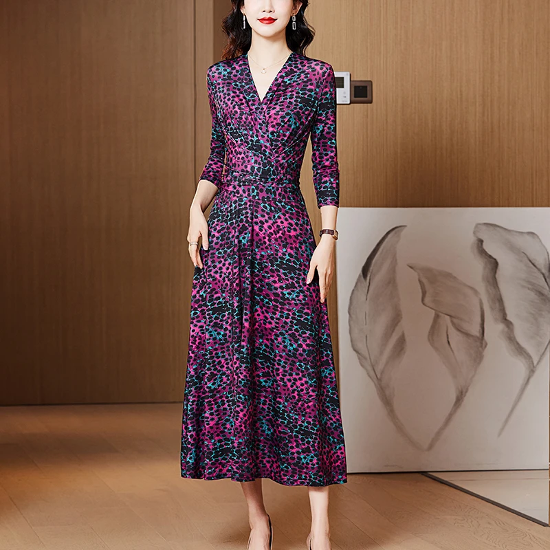 【主播推荐】时尚玫红豹纹春夏装新款V领系带修身连衣裙优雅中长裙