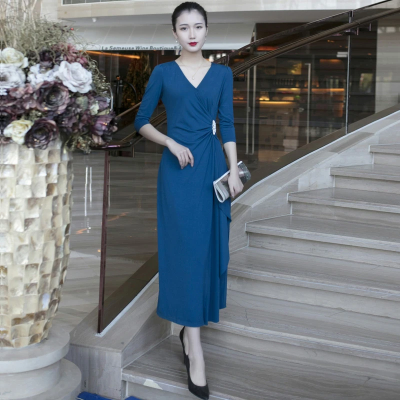 【梅姐专属】名媛优雅时尚气质V领修身显瘦连衣裙宴会晚礼服长裙