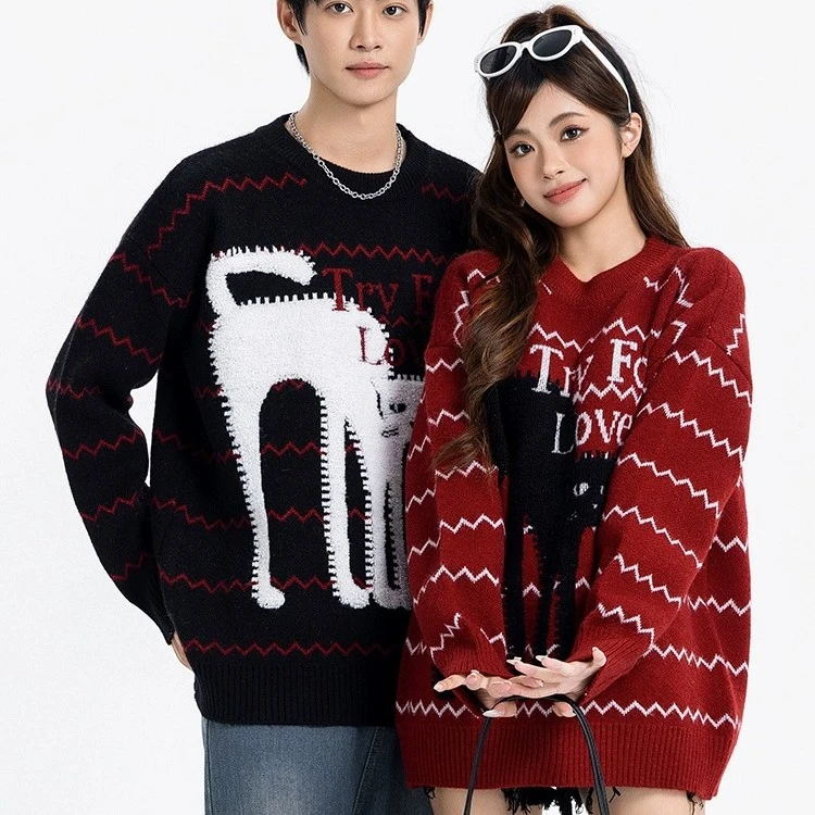 2023秋冬条纹情侣装毛衣新款高级感超好看慵懒风外穿卡通针织衫