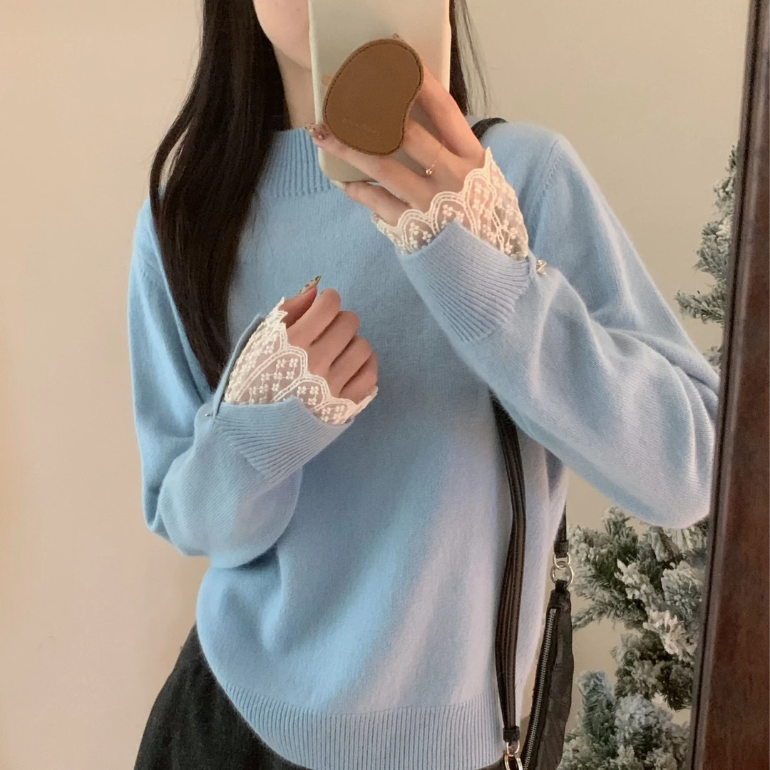 【潘潘.678821】冬季新款獭马绒蕾丝纯色针织衫