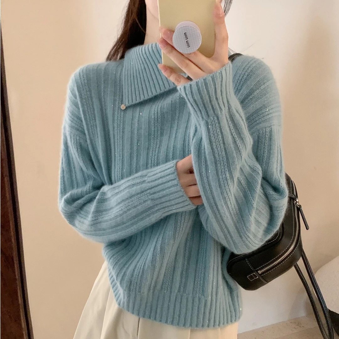 【678811】福秒冬季新款蜜熊绒摒亮片不规则领针织衫